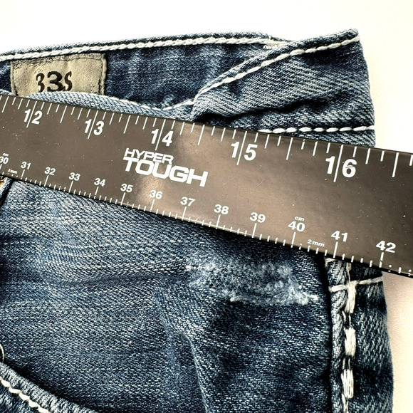 BKE DENIM Men's 33X28 Tyler Straight Blue Jeans Distressed Cowboy Buckle Short - Picture 9 of 11